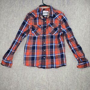 Ditch Plains Men Plaid Button Down Shirt Orange Navy Medium Cotton Western